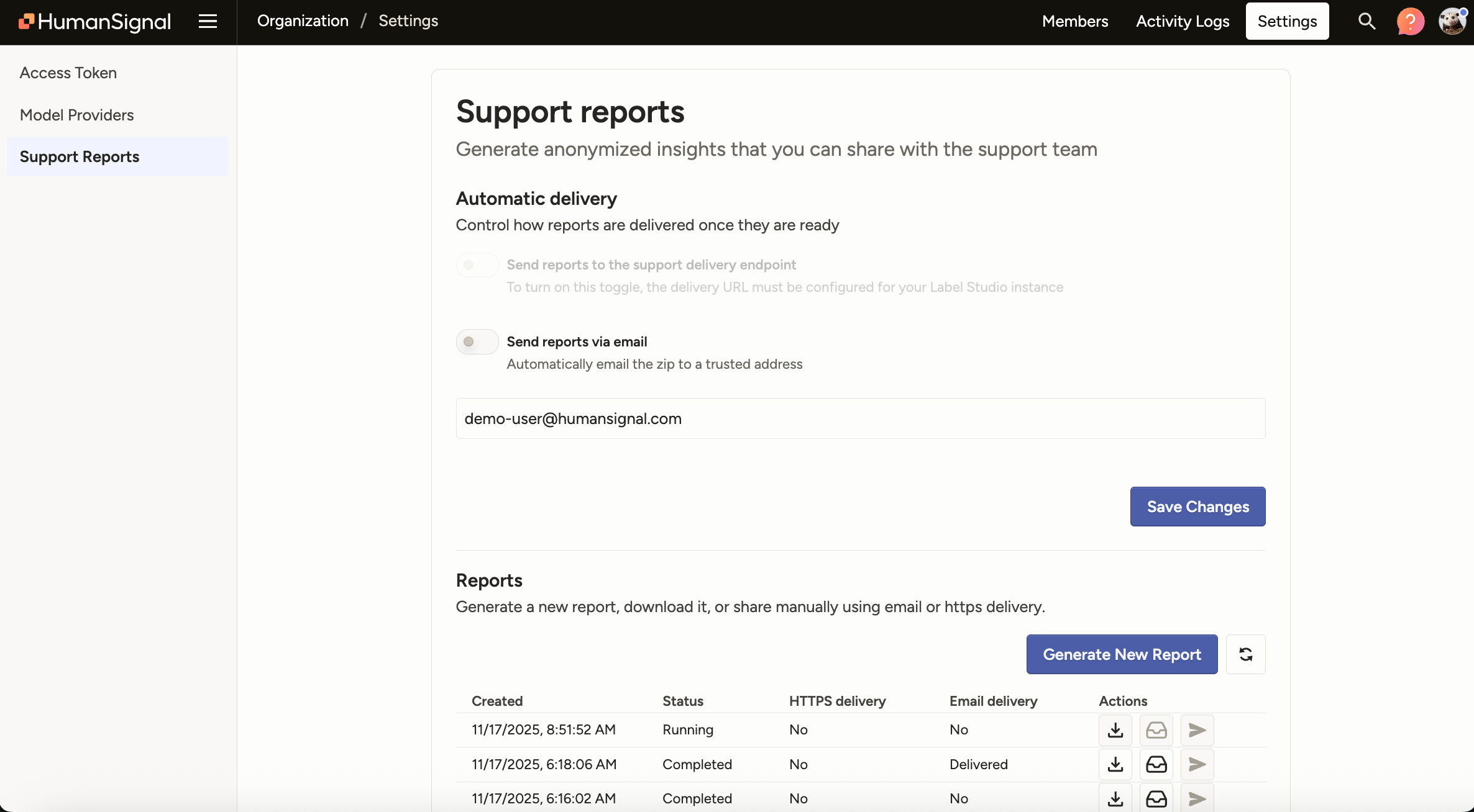 Screenshot of support reports page